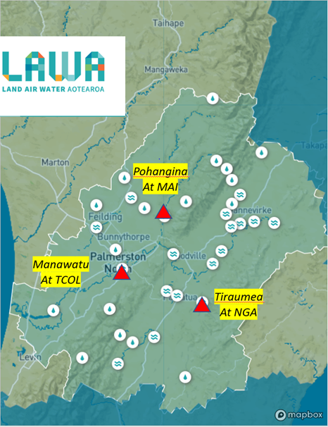 Figure 1. Map of the Manawatu Catchment from the LAWA website, showing monitoring sites in Horizons network. The river flows mainly westward, through the main axial mountains of the Ruahine (NE) and Tararua (SW) ranges, to enter the Tasman Sea at the left