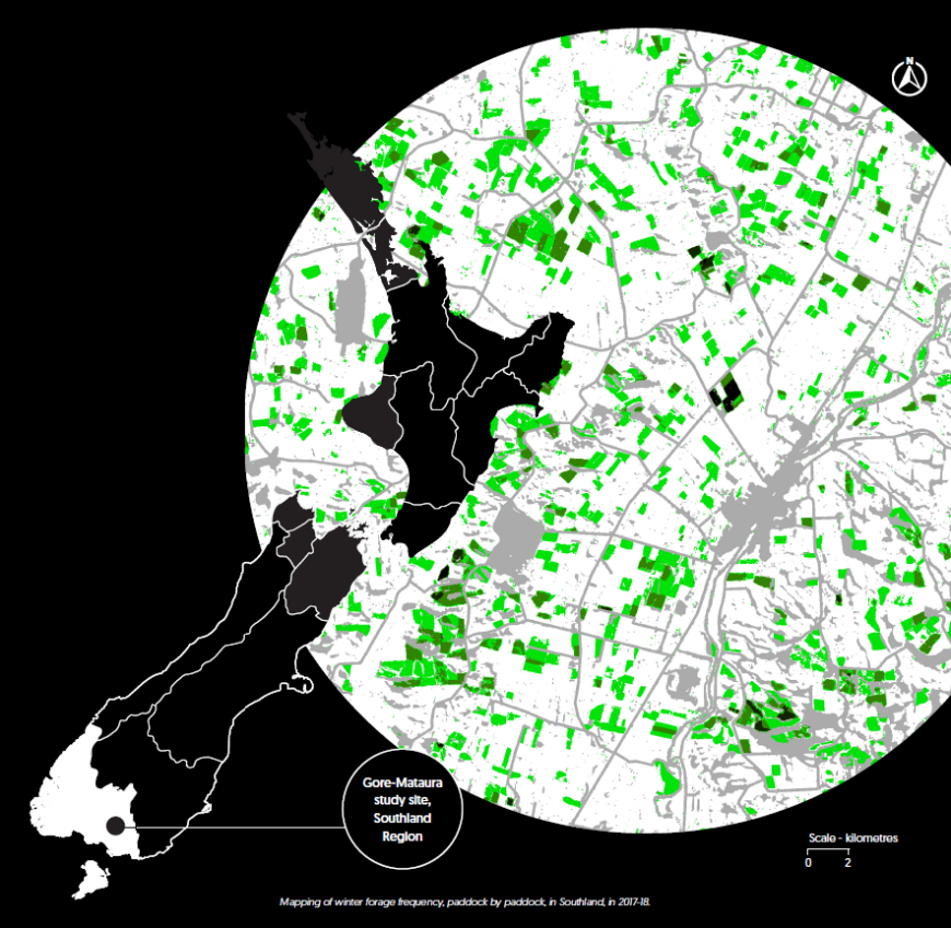 Mapping of winter forage frequency, paddock by paddock, in Southland, in 2017-18.