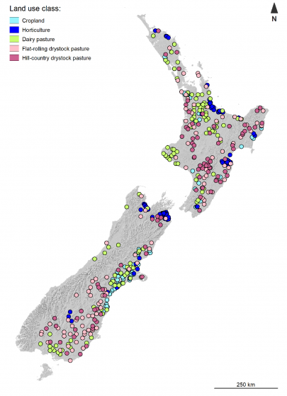 Figure 1: Location of 500 sites on agricultural land for soil organic carbon monitoring in New Zealand. Internal lines are Regional Council boundaries. Coloured dots are different land-use classes.  