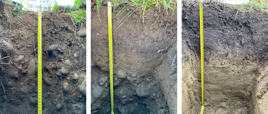 Figure 4. Soil profiles at points A, B and C. Soil A shows a shallow, stony soil derived from river deposits. Soil C shows a deep, silty soil, derived from windborne dust (loess). Soil B shows an intermediate soil, with silt overlying gravels. (Photo: Kirstin Deuss)