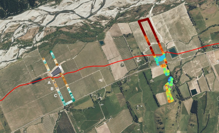Figure 3. Two survey transects in the Wairau Valley. The Wairau River can be seen to the north, with its floodplain extending down to the red line. An elevated, older terrace extends from the red line south. The left transect shows EM data with distinctly different signals on the older terrace, which were unexpected. Soil observations at points A, B and C confirmed that the EM was identifying significantly different soils. The right transect shows gamma data, which clearly identify differences between the floodplain and the older terrace. (Photo: Kirstin Deuss)