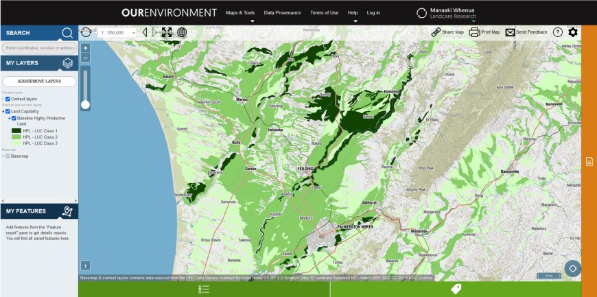 Screenshot: Highly Productive Land layer shown via Our Environment