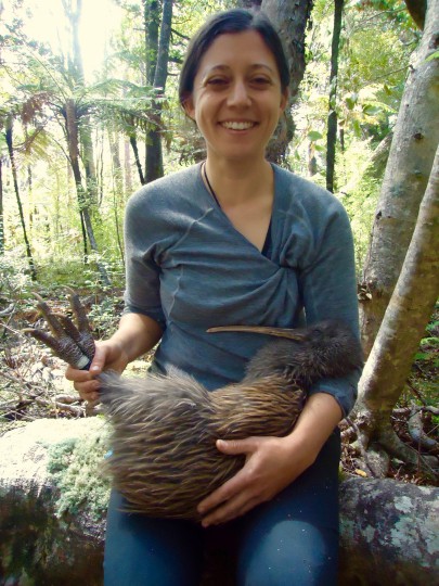 Emma Feenstra (Massey University PhD student) with Rakiura (Stewart Is.) tokoeka. This is New Zealand’s largest kiwi species. 