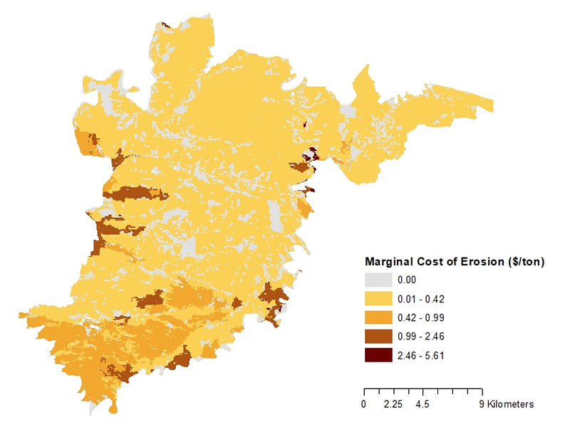 Figure 2. The spatial distribution of the marginal cost of erosion ($/tonne)