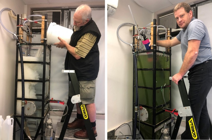 Figure 1. A. Adding a turbid slurry of the layer clay mineral, kaolinite, to the turbidity sensor testing tank. B.  Deploying an EXO2 sonde (fitted with three turbidity sensors) in the testing tank – which contains pond-water laden with green algae.