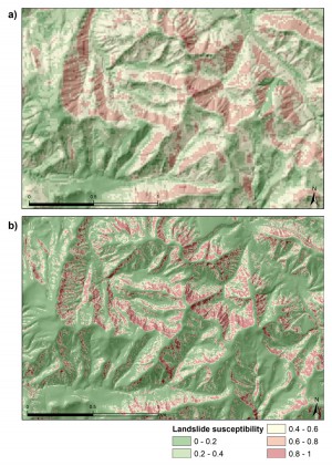Figure 2. Comparison of shallow landslide susceptibility based on a logistic regression model using a) national 15-m DEM versus b) 5-m LiDAR-derived DEM for a selected focus area within the Wairarapa study area.