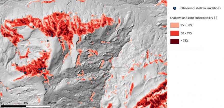 Figure 2. Example of the relative landslide susceptibility as computed by SlideforMap. This is for a mountainous test area in Switzerland and a precipitation intensity of 38 mm/h.