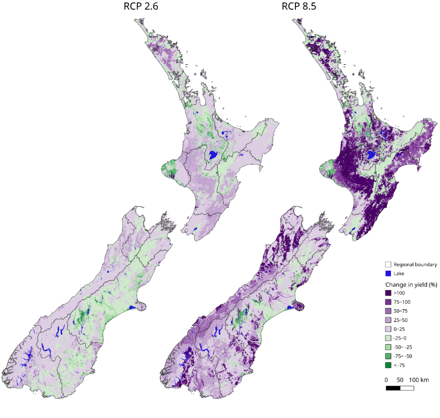 Figure 1. Percentage change in average annual sediment yield relative to the baseline (1995) under low (left) and high (right) CO2 concentration scenarios by late century (2090). Purple represents an increase in sediment yield, and green represents a decrease. (Source: Neverman et al. 2023).