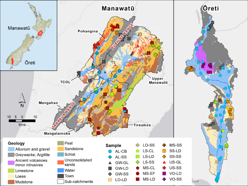 Figure 1. Manawatū and Ōreti (Southland) catchments showing parent material (geology) and sample locations.