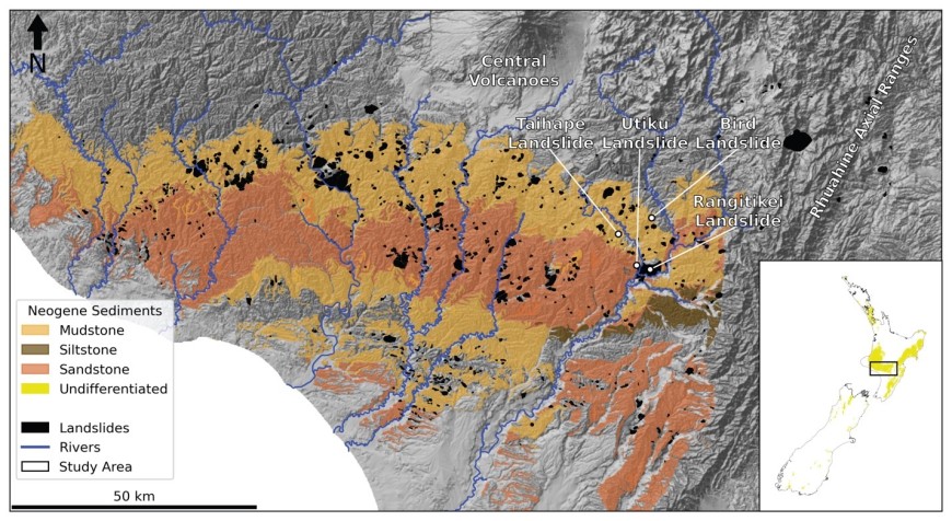 Figure 1. The Whanganui Basin region of New Zealand. Large, slow-moving landslides mainly occur within the Neogene sedimentary units of the region and cover roughly 8% of the basin’s total surface area. The inset map shows the basin’s location in New Zealand, and some well-known landslides are highlighted in the main portion of the map.
