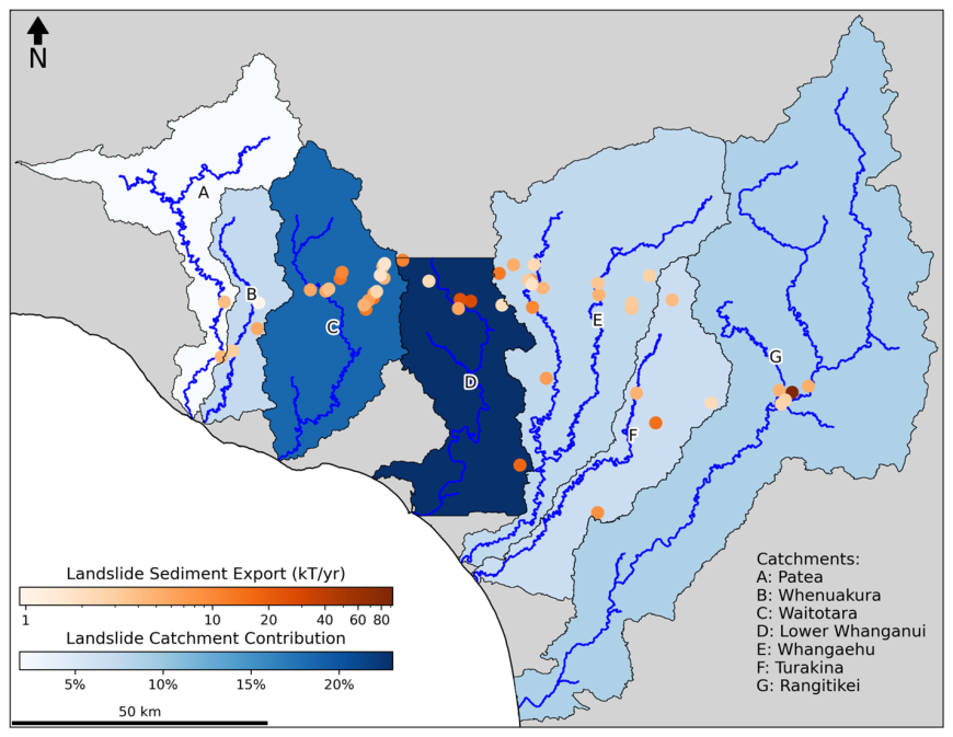 Figure 2. The sediment contributions of large, slow-moving landslides within the Whanganui Basin region. The orange dots represent the location of active, large, slow-moving landslides and are shaded based on their annual sediment export. The major catchments of the region are shown in blue and are shaded based on the percentage of the total sediment input that is contributed by large, slow-moving landslides.