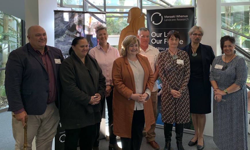 Matui Payne (Te Taumutu Rūnanga), Dione Payne (Lincoln University), Janet Wilmshurst (Manaaki Whenua), Hon Dr Megan Woods, Peter Heenan (Manaaki Whenua, Amanda Symon (Ngai Tahu Maori Rock Art Trust), Puamiria Parata-Goodall (Te Taumutu Rūnanga), Rachel Solomon (Ngai Tahu Maori Rock Art Trust)