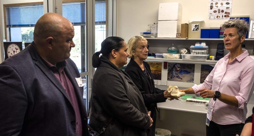 Matiu Payne (Te Taumutu Rūnanga), Dione Payne (Director for Māori and Pasifika Development, Lincoln University), and Caroline Sanders (MW board member)  being shown around the palaeoecology lab by MW's Janet Wilmshurst 