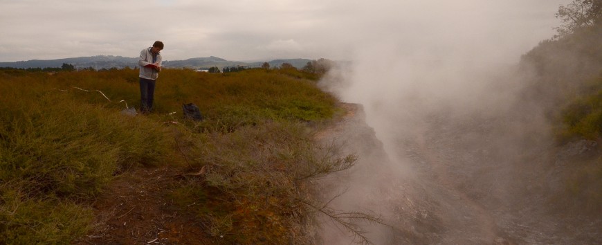 Gabriel Moinet sampling at the edge of the steam-heated depression, a geo-thermal feature near Taupō