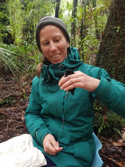 Anne Schlesselmann with a miromiro (New Zealand tomtit)