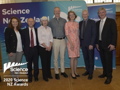 John Dymond, Anne Sutherland, Peter Newsome, Heathern North, and David Pairman from the LCDB team at the Science NZ award ceremony, along with Emily Parker (far left) and Richard Gordon (far right)