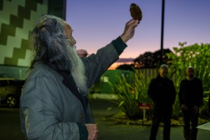 Karakia by Matua Koro te Pania for the hikoi carrying kaikomako (Pennantia) up to the Far North to Ngāti Kuri where they will be welcomed on to Te Hiku o te Ika, Ngataki.