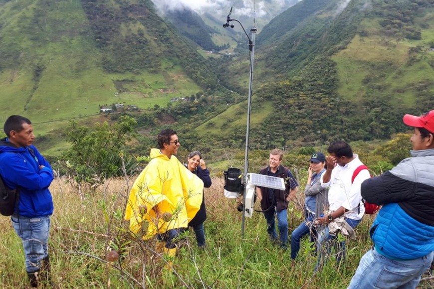 Inspecting newly installed climate station near Toribio with project partners from CorpoPalo, Cenicaña and the local community