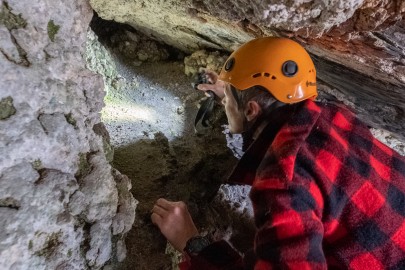 Principal Scientist Dr Janet Wilmshurst searches a cave near Lake Wakatipu, Otago, for ancient DNA samples. Image: Brad White.