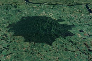 A view of Maungatautari, the biggest fenced ecosanctuary in New Zealand, and the mainly grassland areas that surround it.