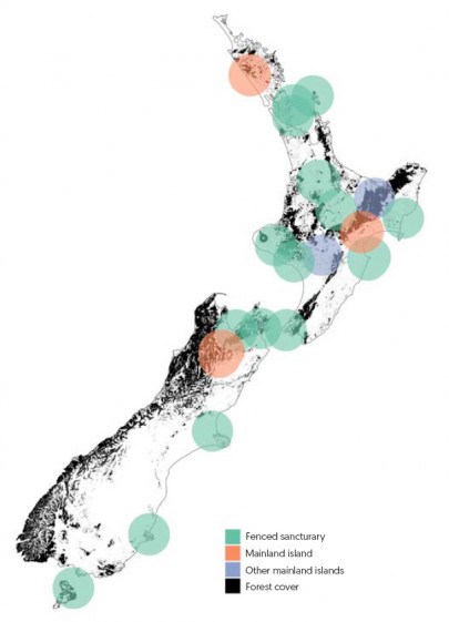 Figure 1. Map of fenced ecosanctuaries (green – includes both ring- and peninsula -fenced sites) and unfenced ‘mainland islands’ where extensive predator control is undertaken (orange buffers are mainland islands included in this research; pink buffers are those that are not). Buffers are 50 km, which is the radius we considered for birds not limited to forest.