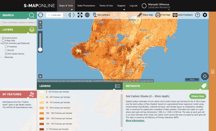 S-map Online: predicted soil carbon stocks in the middle North Island.
