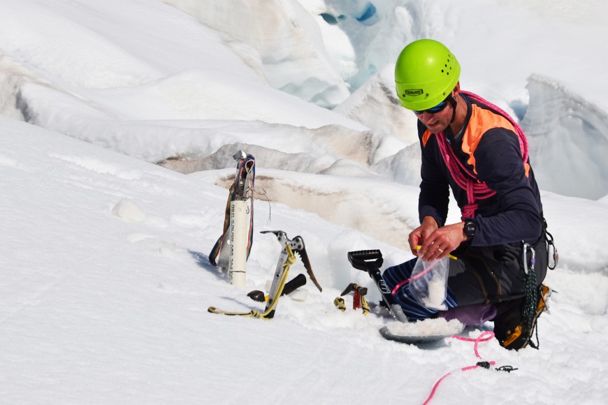 Phil Novis taking snow and ice samples from the Franz Josef Glacier in Westland Tai Poutini National Park