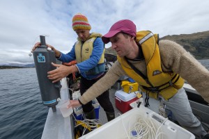 Manaaki Whenua researcher Phil Novis (right) and Marc Schallenberg (University of Otago) collect lake snow specimens from Lake Wanaka.