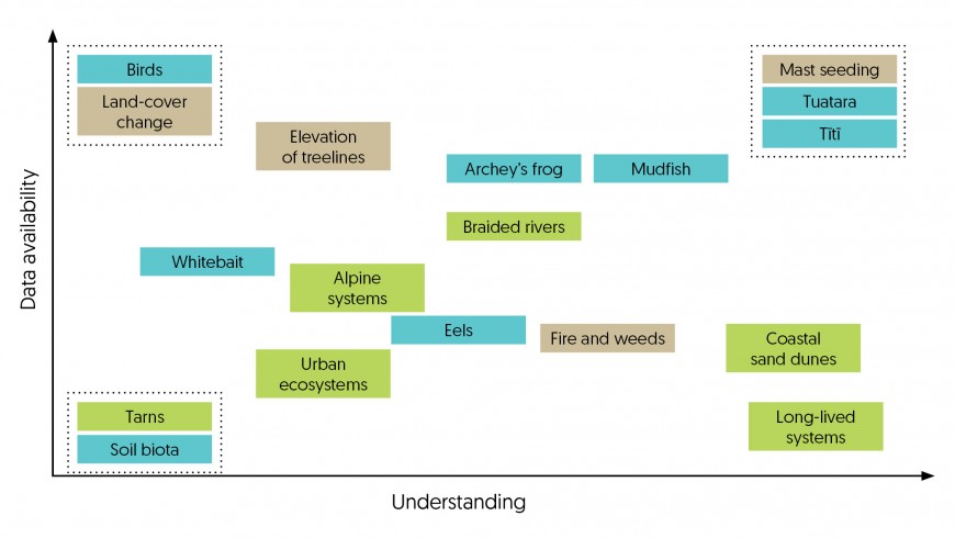 A data availability–understanding matrix showing species and populations (blue), habitats and ecosystems (green), and ecological processes (brown) that are vulnerable to climate change in New Zealand. Understanding includes knowledge, insights and wisdom. 