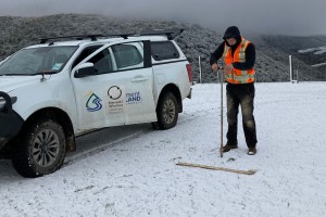 Dr Balin Robertson surveying in Mokoreta in the deep south during the October 2022 late spring snow, for the Southland S-map extension