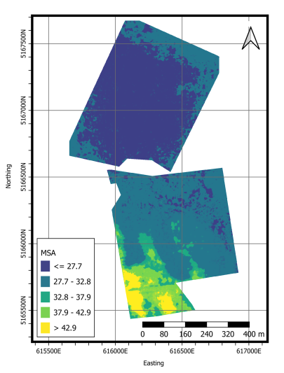 Digital soil map of mineral surface area across Lincoln University Dairy Farm.
