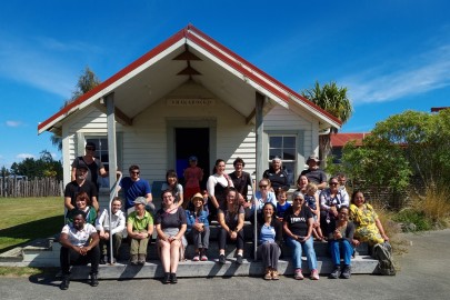 Ngā Mōkai Marae, Karioi. Outside the Whakarongo wharenui, the whānau who attended the tool release and trial.