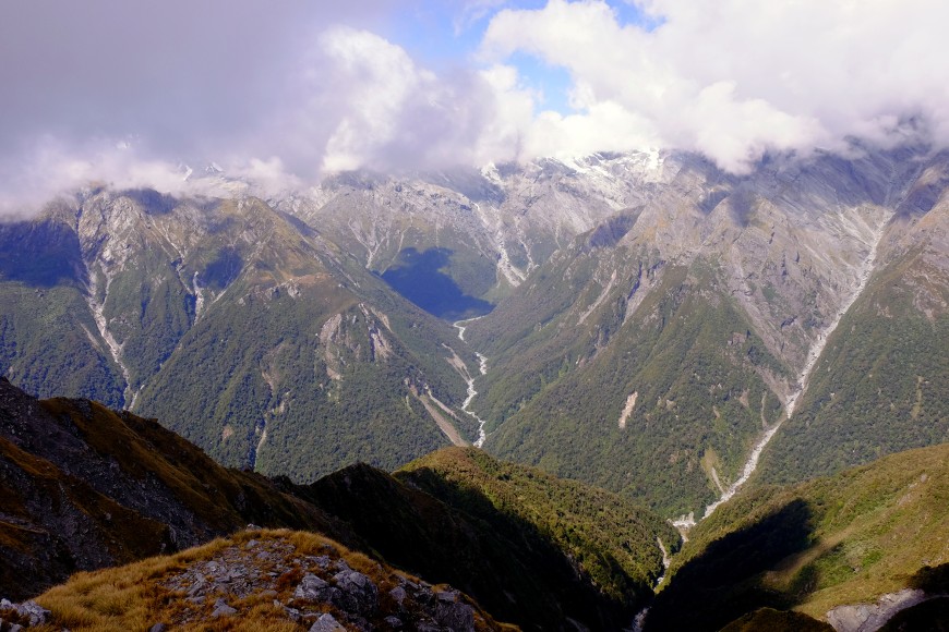 The Whataroa and Butler valleys, South Westland. These river valleys were once U-shaped, sculpted by glaciers during the late Pleistocene. However, rapid fluvial incision into the rock driven by tectonic uplift has since transformed most of them into V-sh