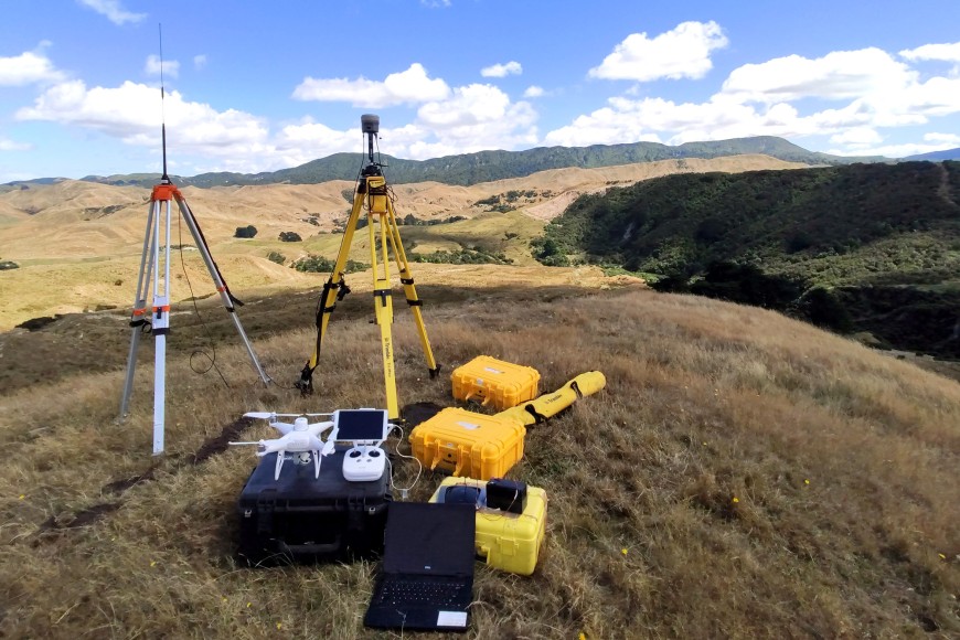 Drone and survey equipment used to survey and measure earthflows within the Tiraumea River catchment.
