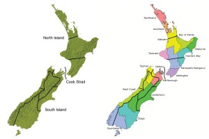 th Nine proposed eco-evolutionary regions for ecosourcing. A, Ecosourcing regions overlaid onto New Zealand topographic map. B, Ecosourcing regions overlaid onto Regional Council regions.