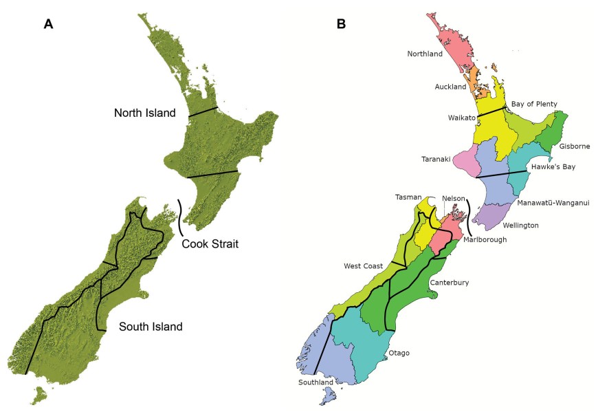 Nine proposed eco-evolutionary regions for ecosourcing. A, Ecosourcing regions overlaid onto New Zealand topographic map. B, Ecosourcing regions overlaid onto Regional Council regions.