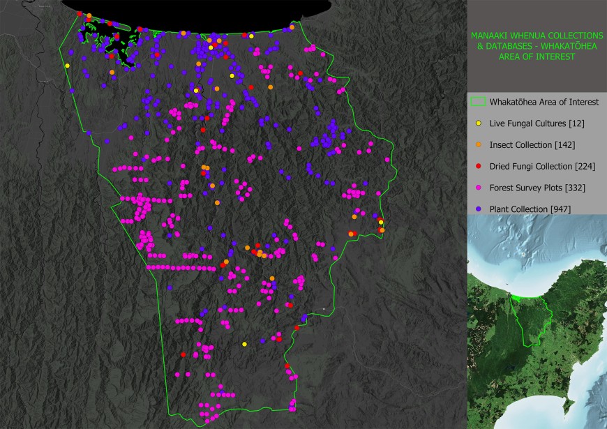 Onscreen map of the Whakatōhea rohe showing where specimens have been collected.