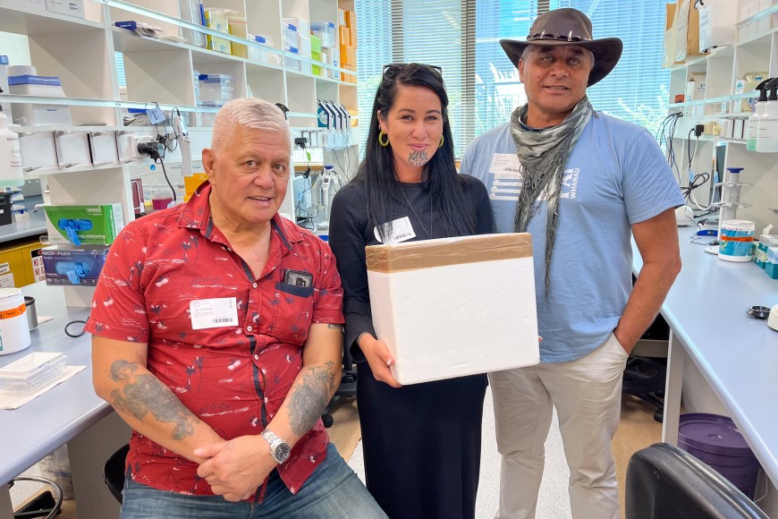 Joe Edwards and Stevee Rauretu and Te Poari Newton from Tura Te Ngakau with samples Joe Edwards and Stevee Rauretu and Te Poari Newton from Tura Te Ngakau with samples