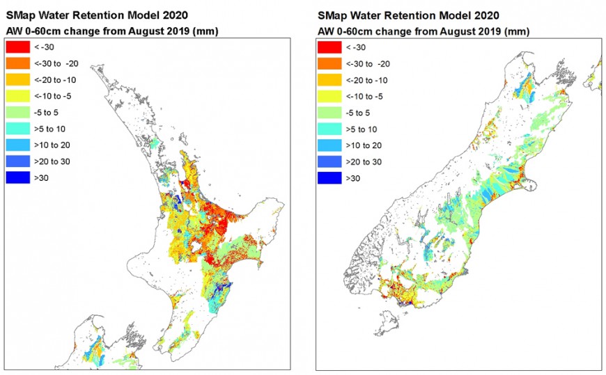 Figure 1: Difference in estimates of PAW to 60 cm from the new water retention model and previous estimates.