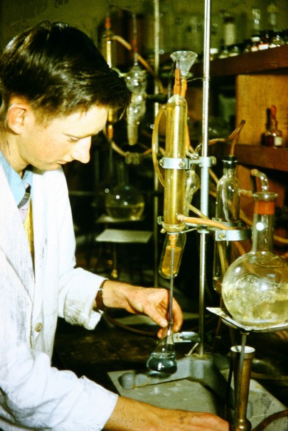 Figure 1. Mr W. Owers determining total nitrogen in a soil sample (1957). Soil Bureau collection (© Manaaki Whenua – Landcare Research).