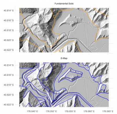 Figure 2: Comparison of Fundamental Soils Layer with new S-Map linework. This 2 × 1-km section of the upper Whareama River floodplain contains a number of features that were not previously delineated, including remnant Pleistocene-age alluvial terraces, more recently deposited fans, and areas of contrasting slope.