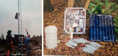 Figure 1: Single data station. A nest of tensiometers to measure soil water status, rain gauge, solar back-up and radio for data telemetry (1989–1992).