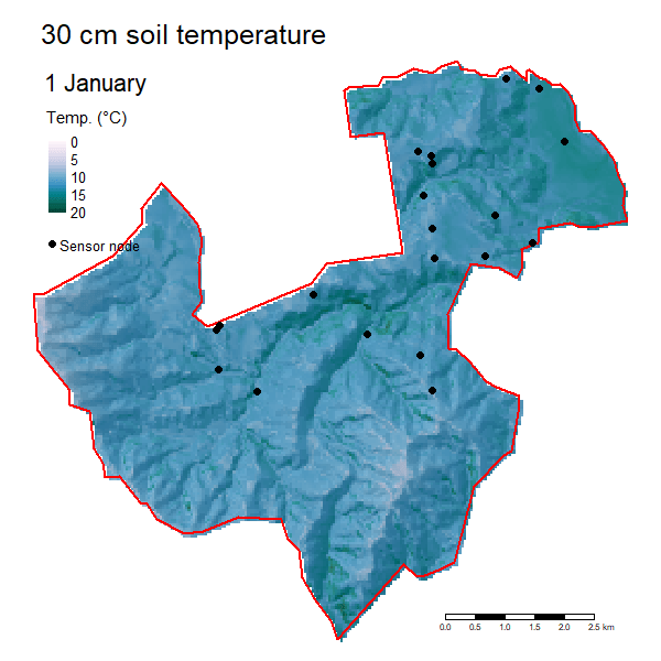 Figure 3: Daily predictions of soil temperature at 30 m grid resolution for our Mt Somers (Canterbury) study site
