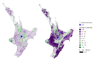 Figure 1. Percent change in average annual sediment yield relative to the baseline (1995) for a) the North Island. under low (left) and high (right) CO2 concentration scenarios by end-century (2090). Purple represents an increase in sediment yield, and gr