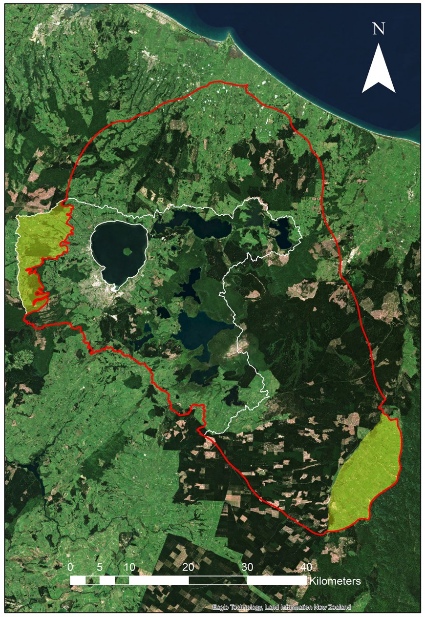 Figure 1. Approximate DSM predicted extent (red line) of the Kaharoa tephra (&amp;amp;amp;amp;gt; 15 cm depth) in the BOP Region. Yellow shaded area to the west of Lake Rotorua is the Mamaku Plateau DSM (BOP Region only) uploaded to S-map in August 2022. Yellow shaded area in the south-east is the Galatea Basin which will be mapped separately. The white line is the Rotorua Lakes catchment boundary.  Mount Tarawera, the source of the Tarawera and Kaharoa tephras, is located to the southeast of Lake Tarawera (centre the image).