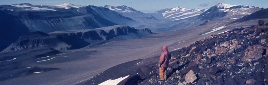 Graeme Claridge admiring the spectacular Wright Valley, 1982 (Photo credit: Iain Campbell)