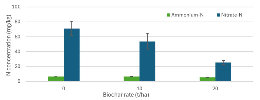 Effect of biochar application to topsoil (0–75 mm) on available N concentrations (ammonium and nitrate) (mg/kg). Ammonium: Not Significant; nitrate: P &lt; 0.05; n = 3. Effect of biochar application to topsoil (0–75 mm) on available N concentrations (ammonium and nitrate) (mg/kg). Ammonium: Not Significant; nitrate: P &lt; 0.05; n = 3.