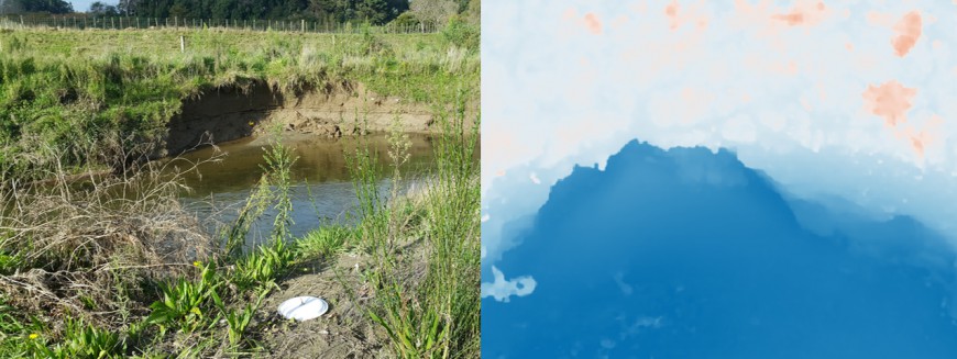 Figure 1. A streambank erosion scar (left); and a high resolution digital surface model (right) that can be used to quantify event-based, small-scale sediment loss.