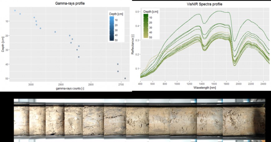 Figure 5: SCANS outputs: gamma-ray profile, Vis-NIR spectra and soil core pictures. For each gamma-ray measurement there is a corresponding Vis-NIR spectrum.undefined