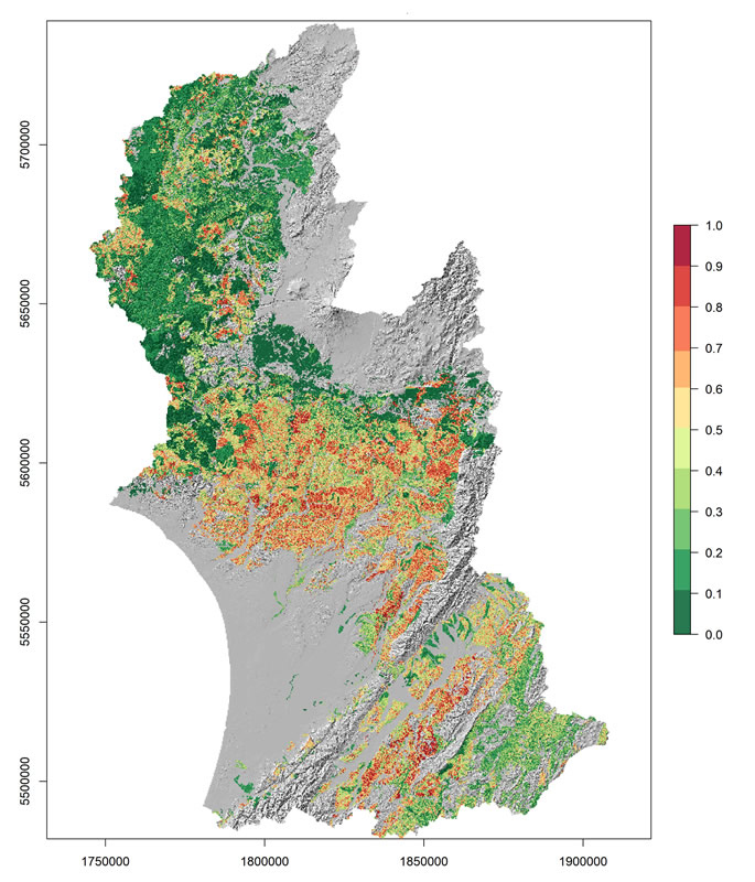 Figure 1. Shallow landslide susceptibility predicted with a random forest model using available data to determine the relative likelihood of landslide occurrence based on terrain, soil and land cover attributes for the Horizons region.